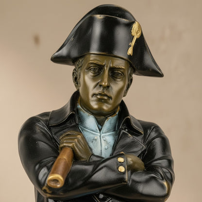 Statuette de Napoléon Bonaparte en bronze polychrome, buste détaillé avec bicorne et longue-vue