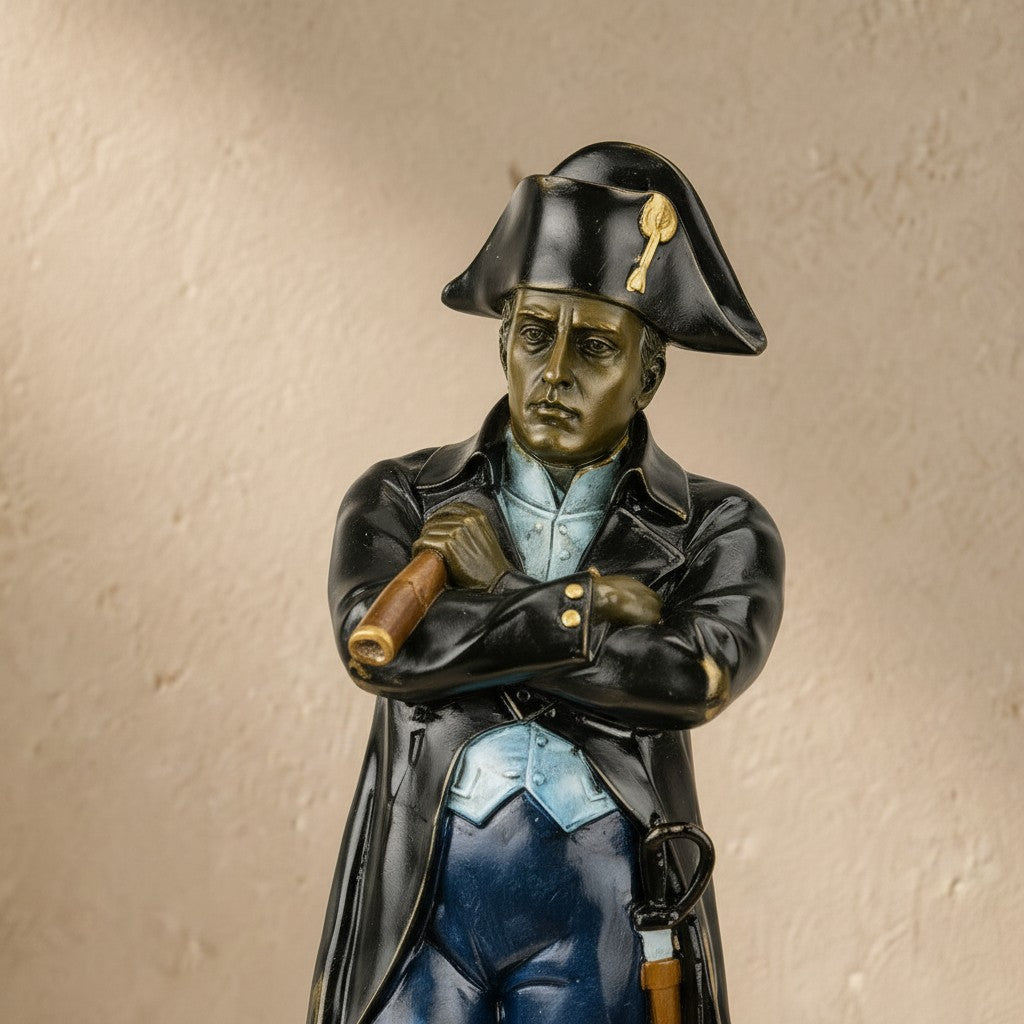 Statuette de Napoléon Bonaparte en bronze polychrome, bras croisés avec longue-vue, sur socle marbre