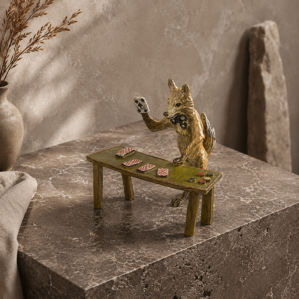 Bronze de Vienne polychrome, renard joueur de cartes
