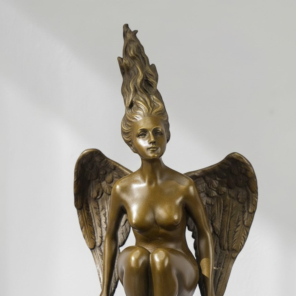 Bronze Femme Ailée aux Cheveux de Flammes sur Sphère, vue 2