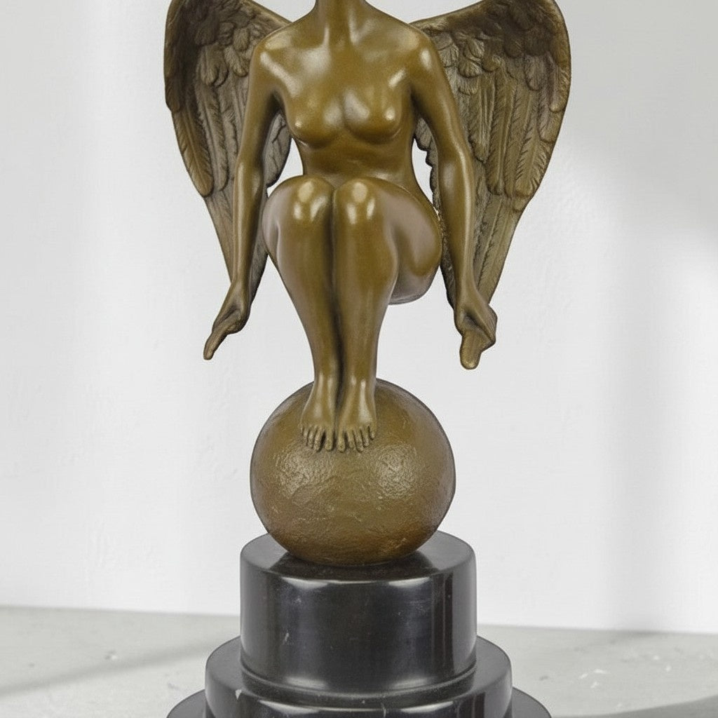 Bronze Femme Ailée aux Cheveux de Flammes sur Sphère, vue 3