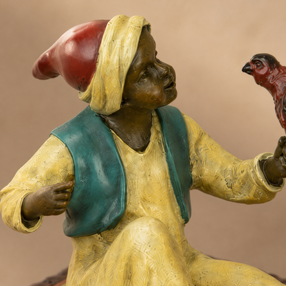 Bronze polychrome jeune garçon oriental au perroquet sur tapis, vue 3