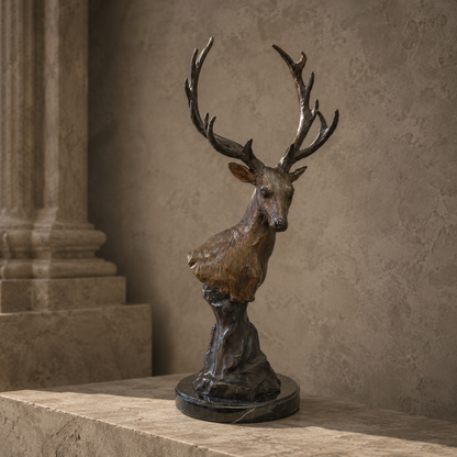 Buste de cerf en bronze patiné sur socle en marbre noir
