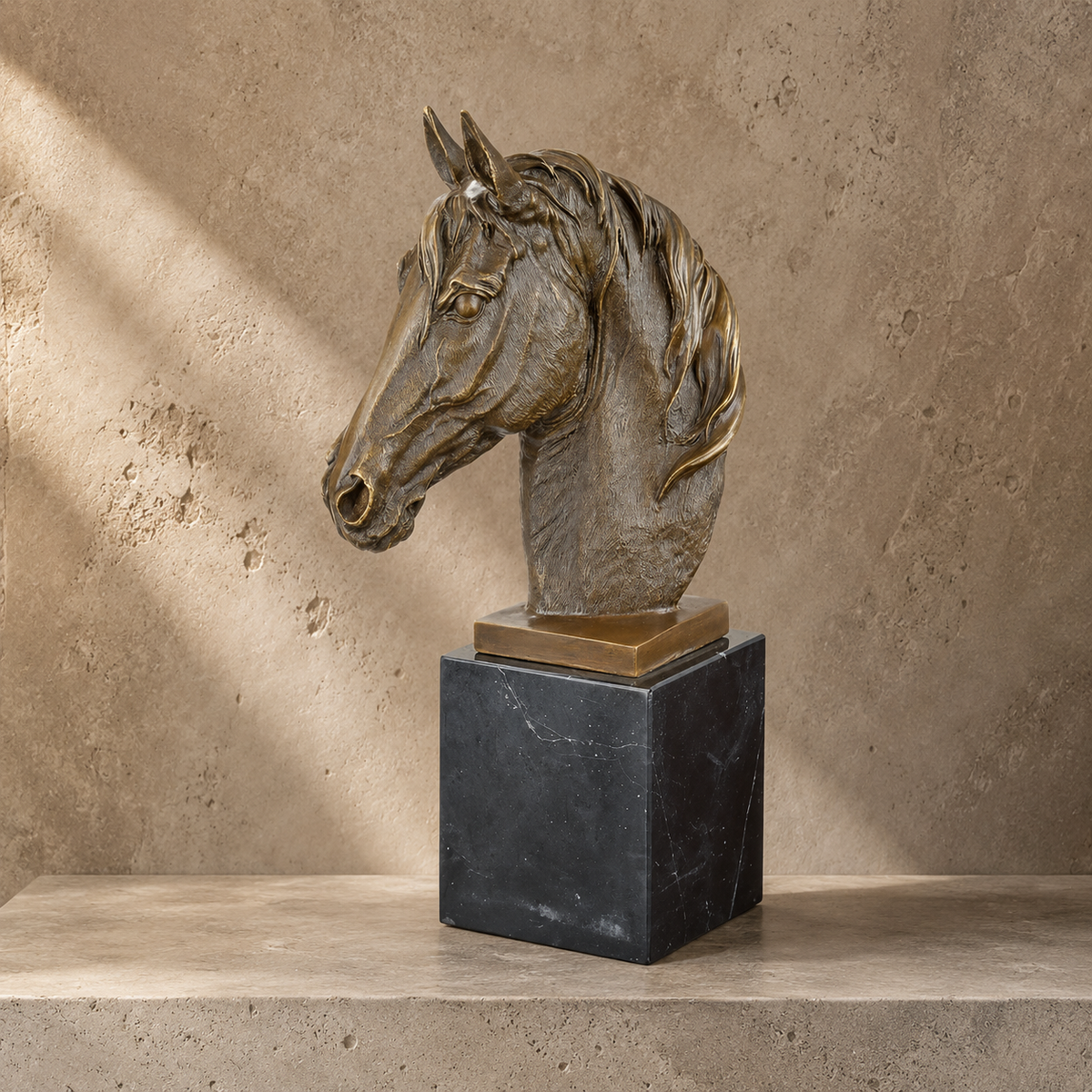 Buste de cheval en bronze patiné sur socle en marbre noir