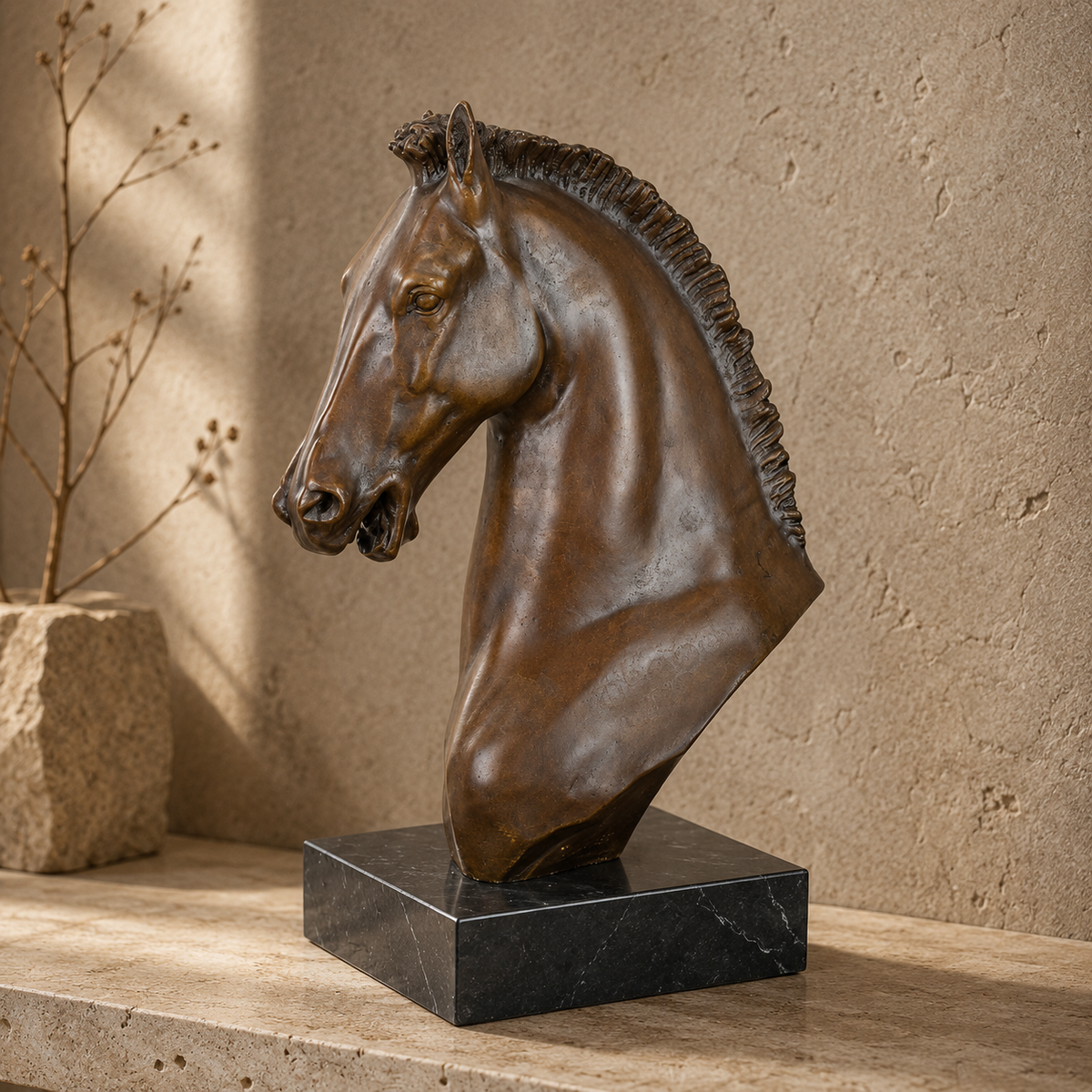 Buste de cheval en bronze patiné sur socle en marbre noir