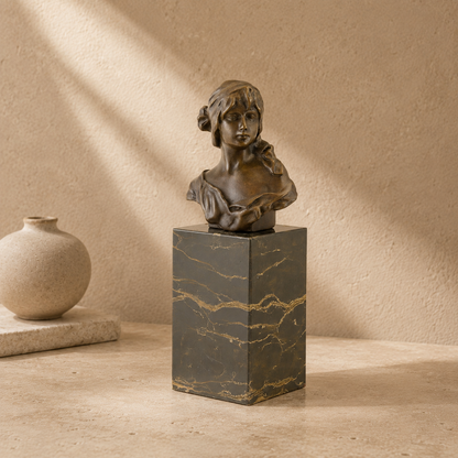 Buste de jeune femme en bronze patiné sur socle marbre