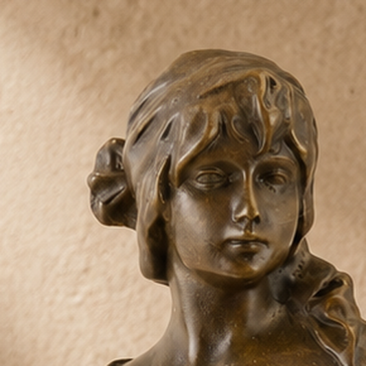 Buste de jeune femme en bronze patiné sur socle marbre, vue 2