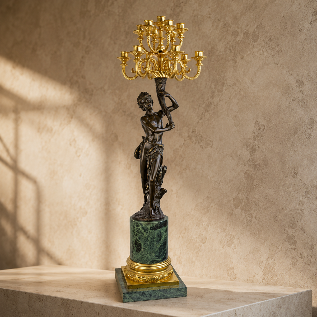 Candélabre à treize lumières en bronze et marbre vert