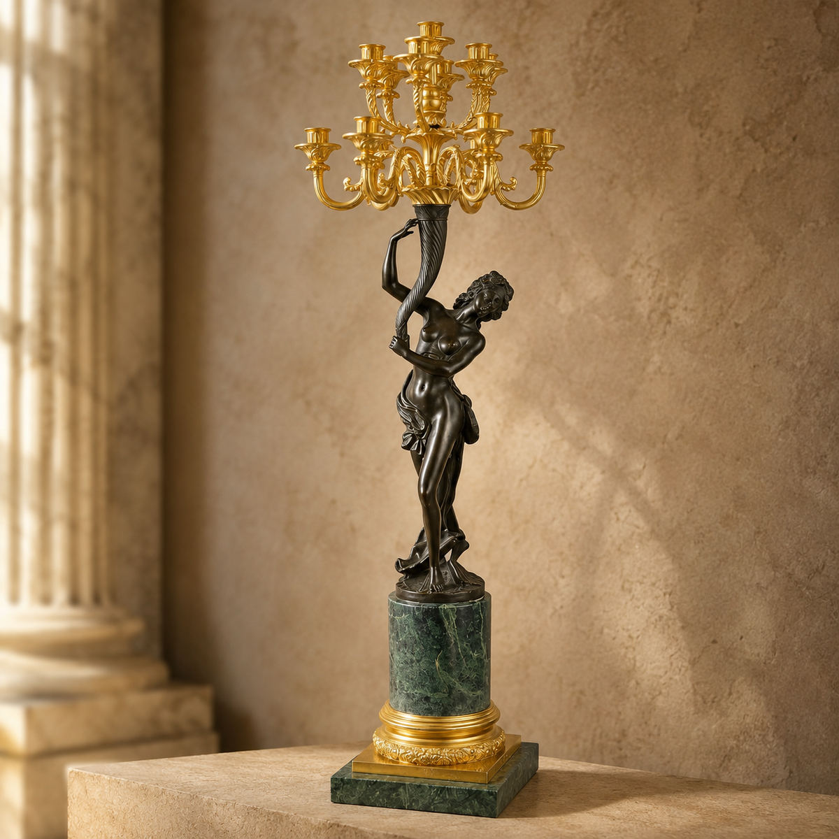 Candélabre figuratif à treize lumières en bronze et marbre