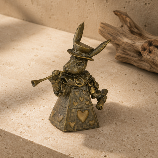 Cloche de table en bronze patiné, lapin héraut aux cœurs