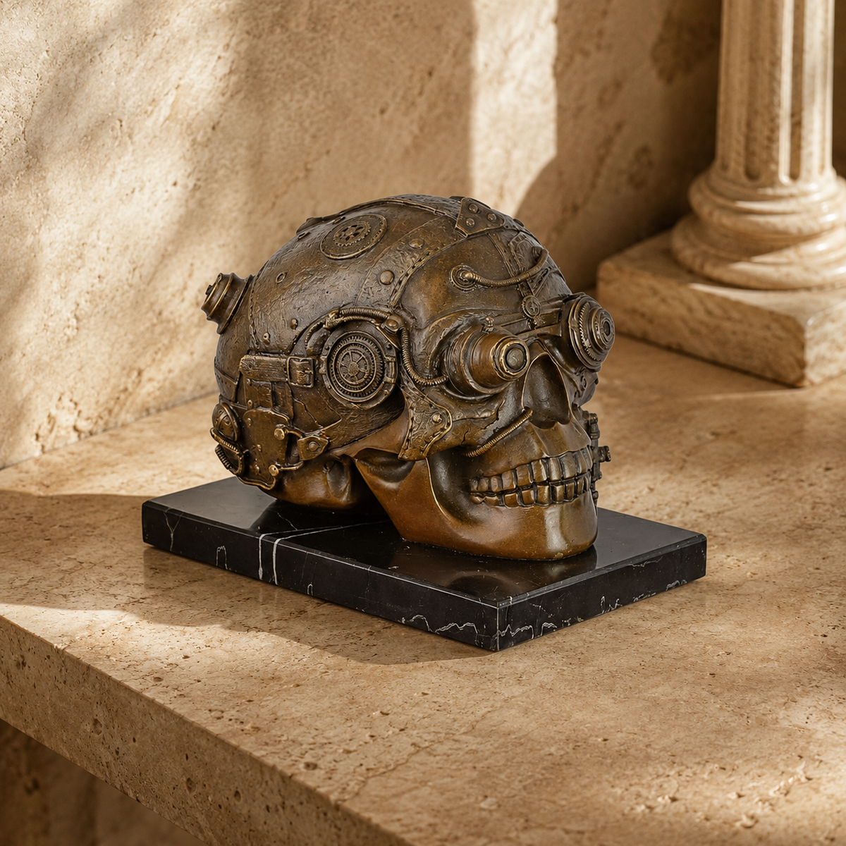 Crâne mécanique steampunk en bronze patiné sur marbre