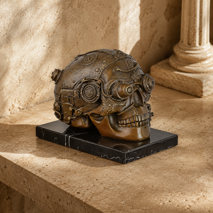 Crâne mécanique steampunk en bronze patiné sur marbre
