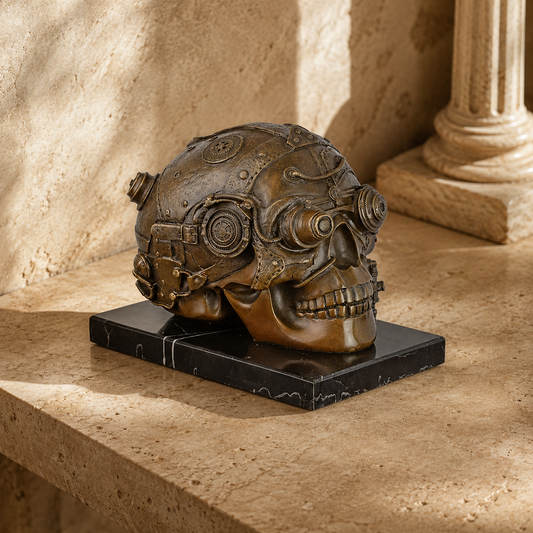 Crâne mécanique steampunk en bronze patiné sur marbre