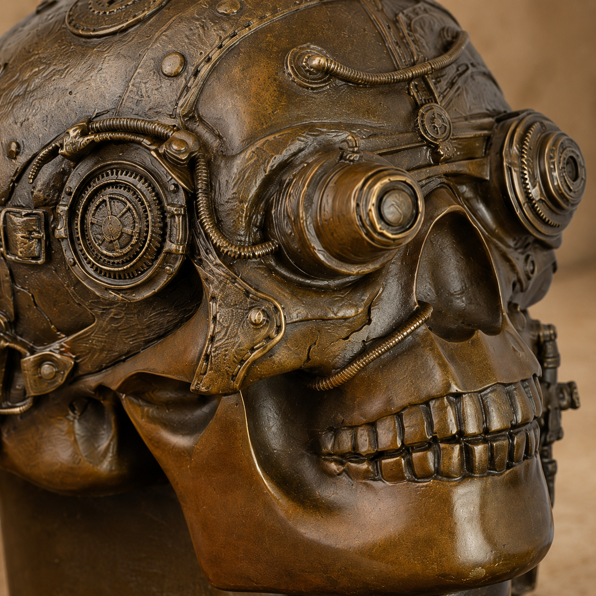 Crâne mécanique steampunk en bronze patiné sur marbre, vue 2