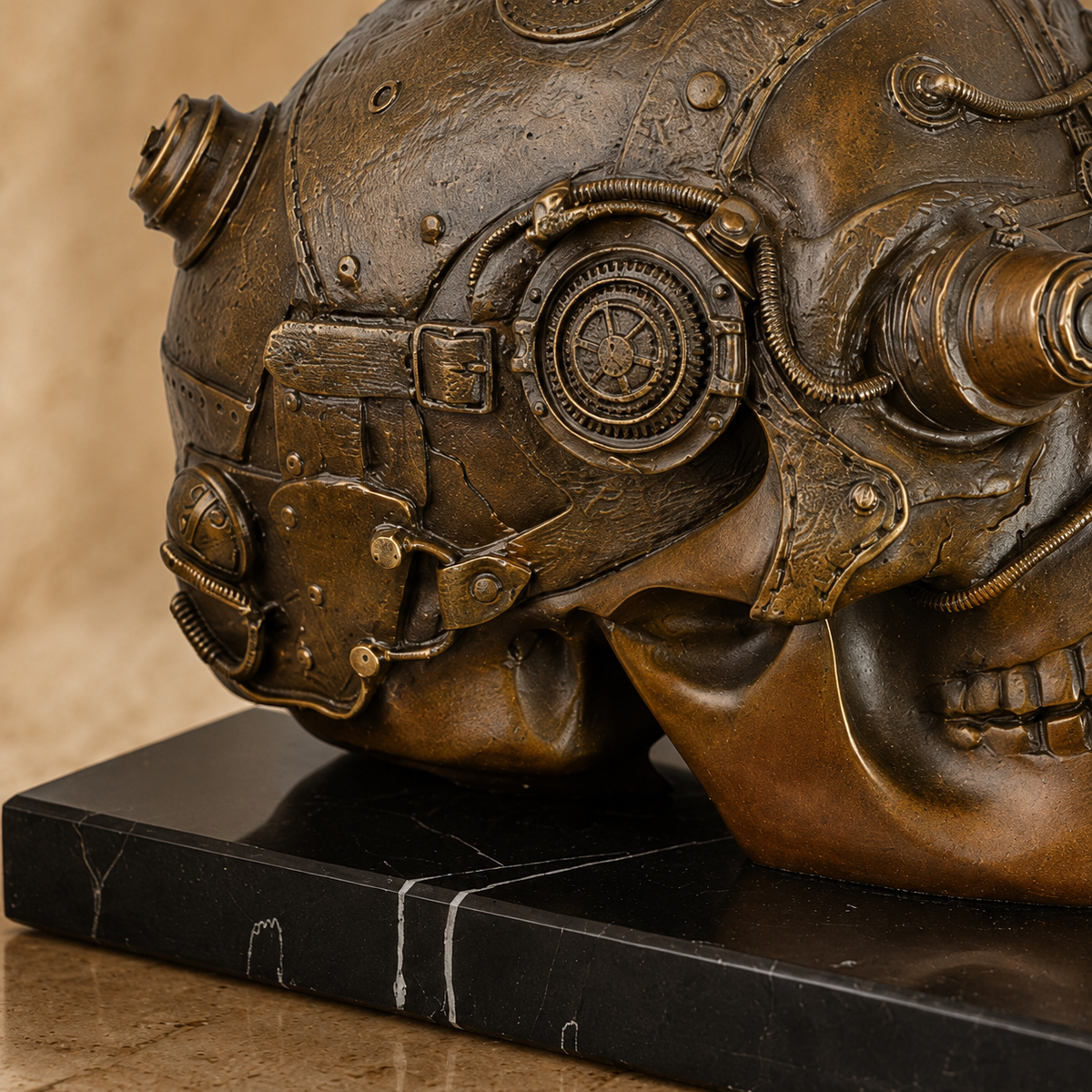 Crâne mécanique steampunk en bronze patiné sur marbre, vue 3