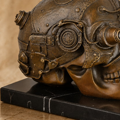 Crâne mécanique steampunk en bronze patiné sur marbre, vue 3