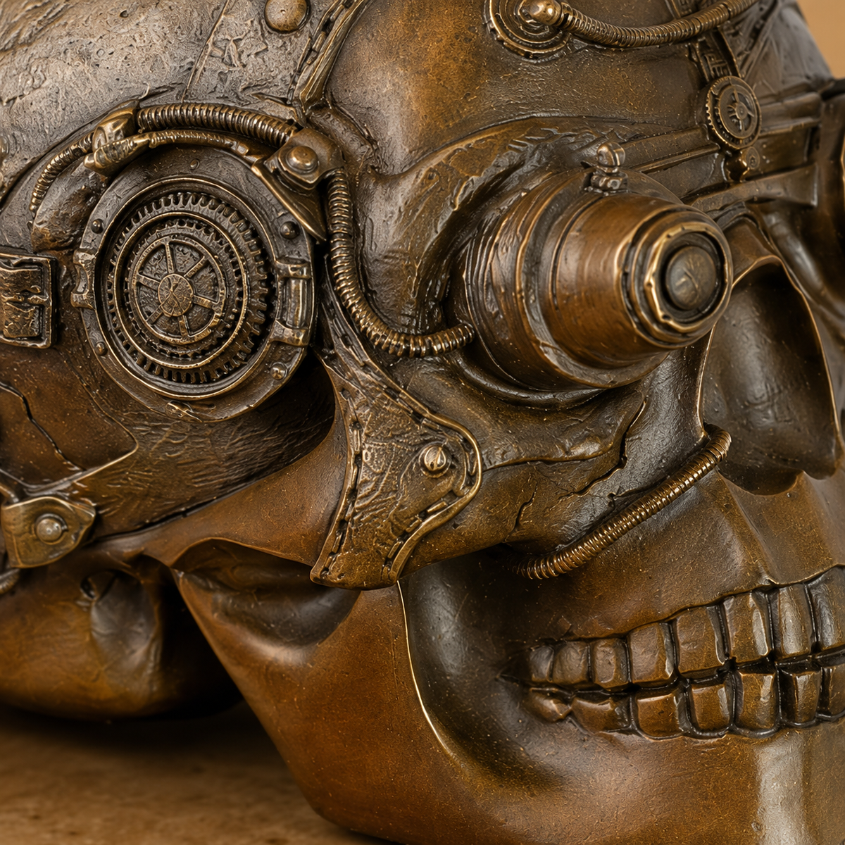 Crâne mécanique steampunk en bronze patiné sur marbre, vue 4