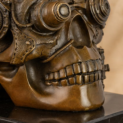 Crâne mécanique steampunk en bronze patiné sur marbre, vue 6