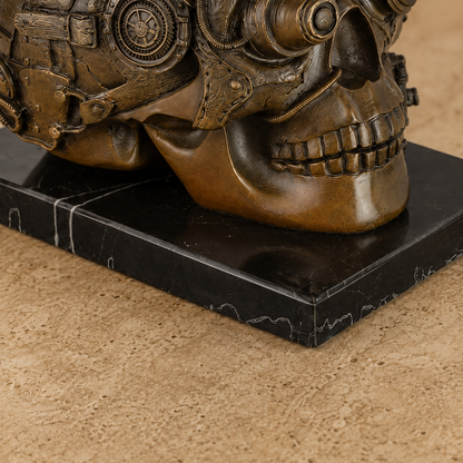 Crâne mécanique steampunk en bronze patiné sur marbre, vue 7