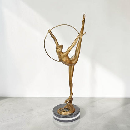 Sculpture bronze doré gymnaste au cerceau sur socle marbre