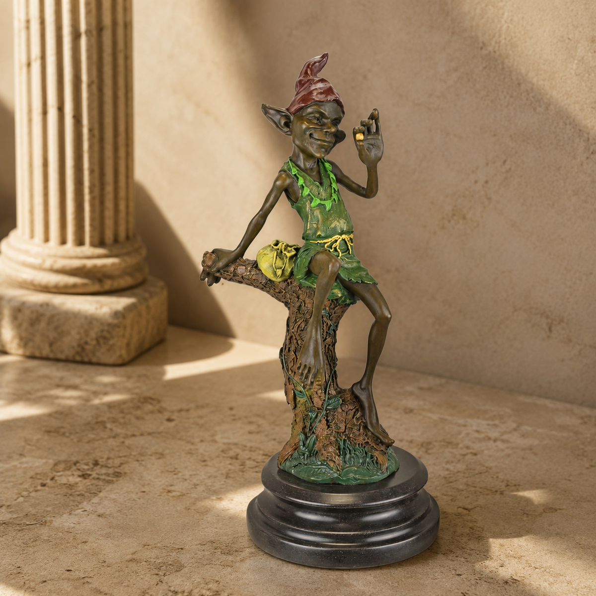 Lutin assis sur branche, bronze polychrome sur marbre