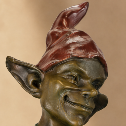 Lutin assis sur branche, bronze polychrome sur marbre, vue 2