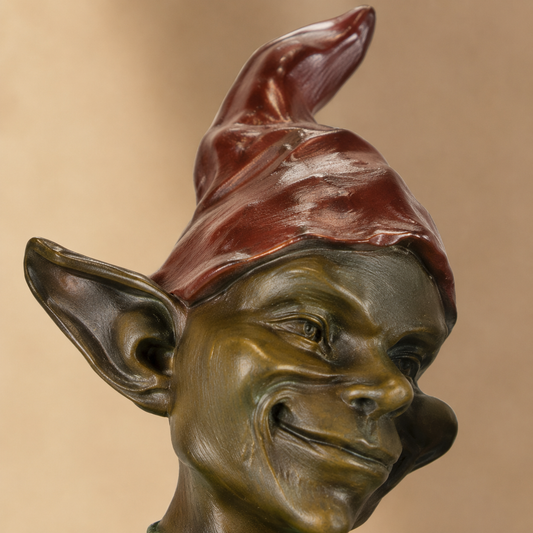 Lutin assis sur branche, bronze polychrome sur marbre, vue 2