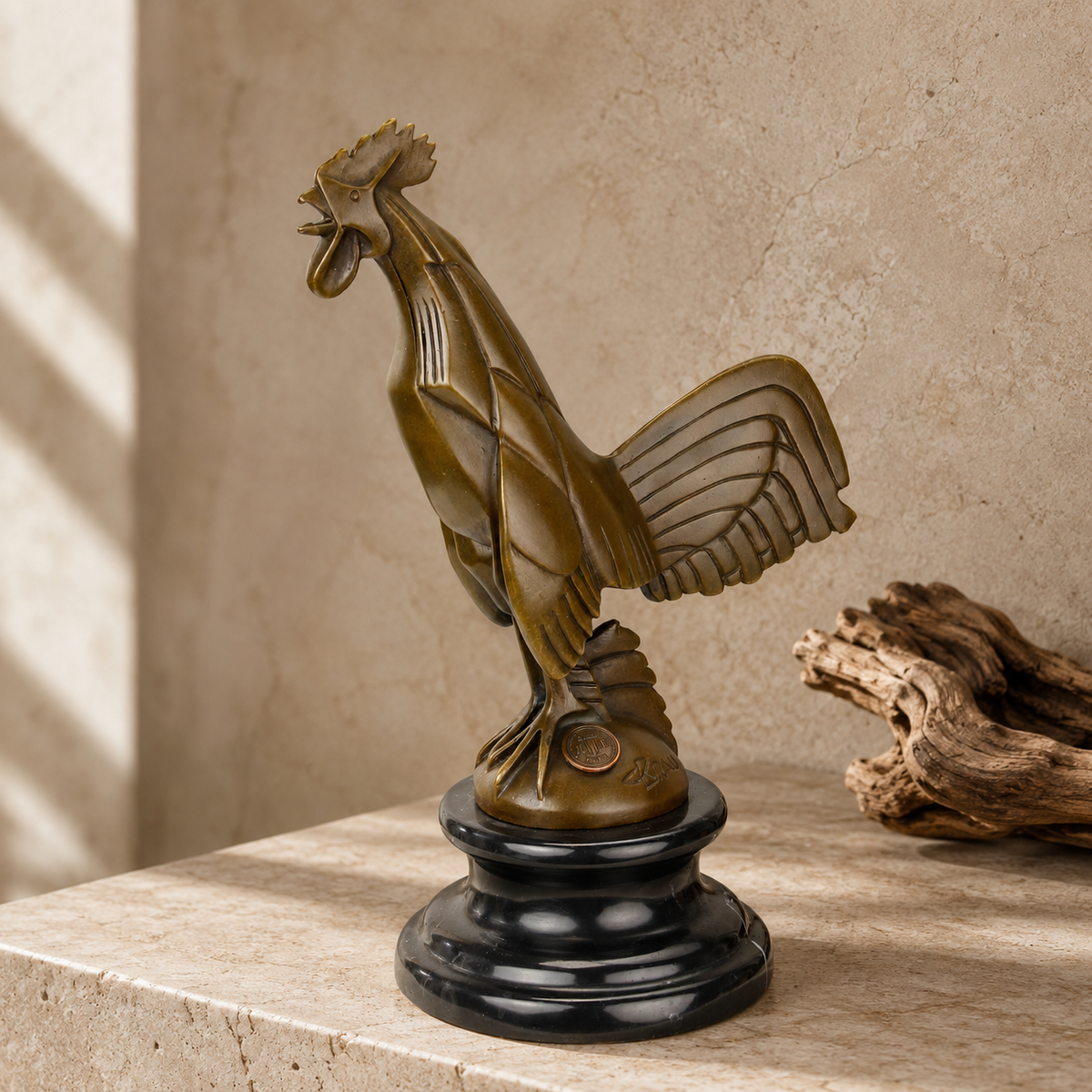 Mascotte automobile coq stylisé Art Déco en bronze patiné