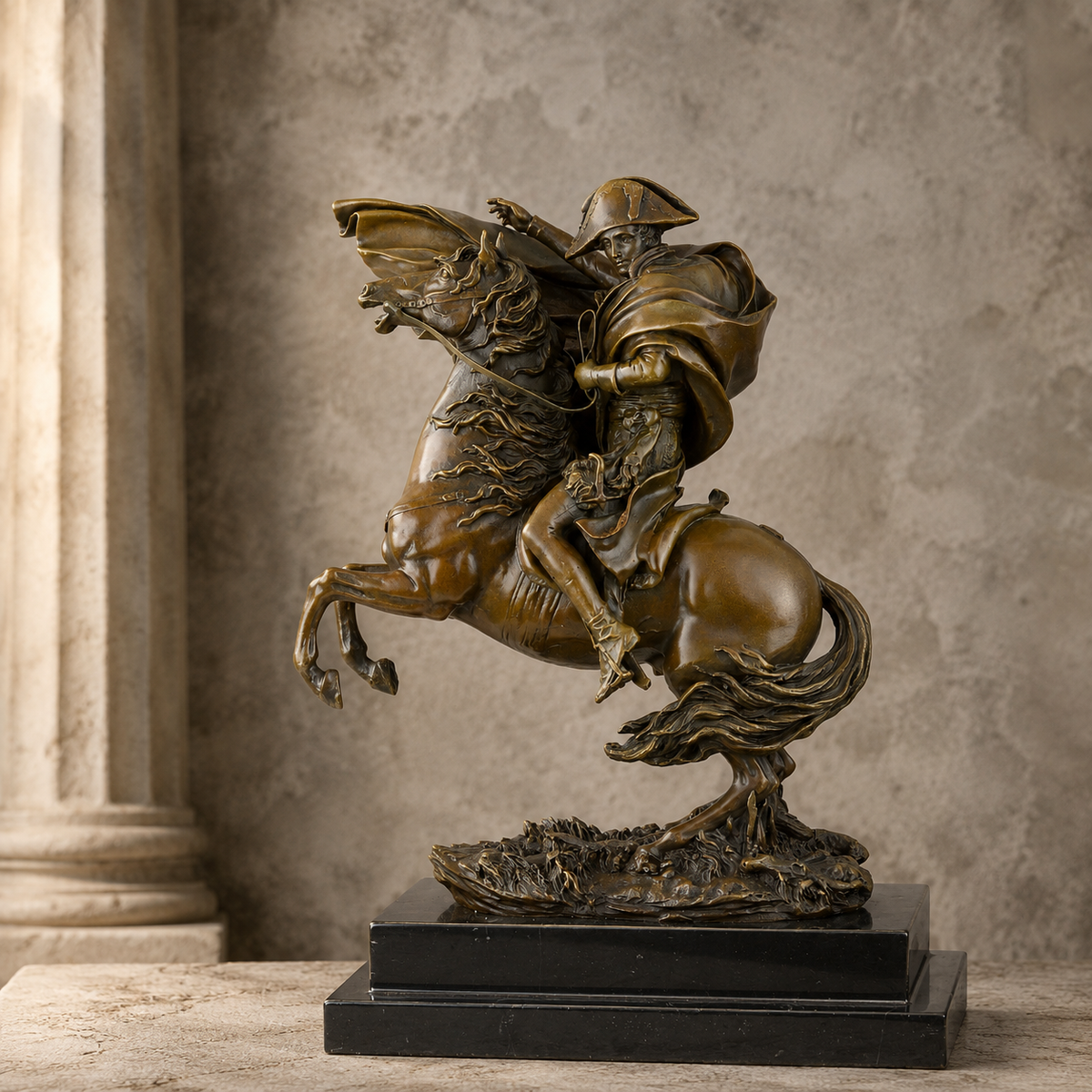 Napoléon franchissant les Alpes, bronze patiné sur marbre