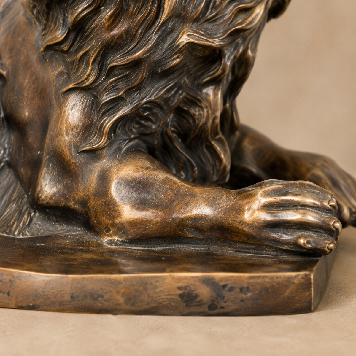 Paire de lions couchés en bronze à patine brune, vue 4