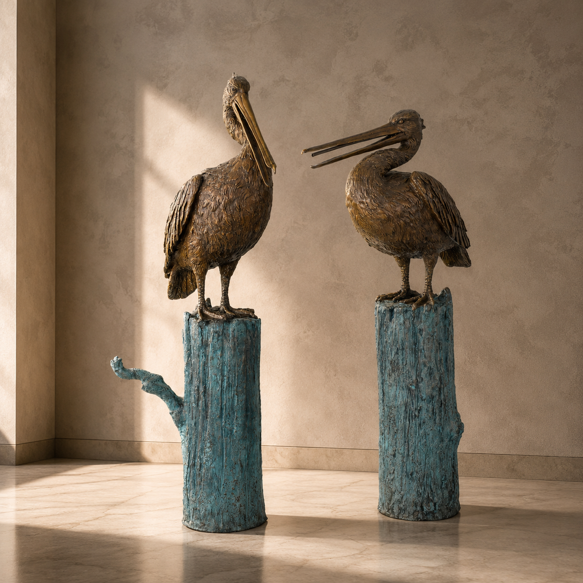 Paire de pélicans en bronze sur pieux, patine brune et vert-de-gris