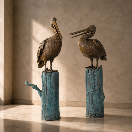Paire de pélicans en bronze sur pieux, patine brune et vert-de-gris