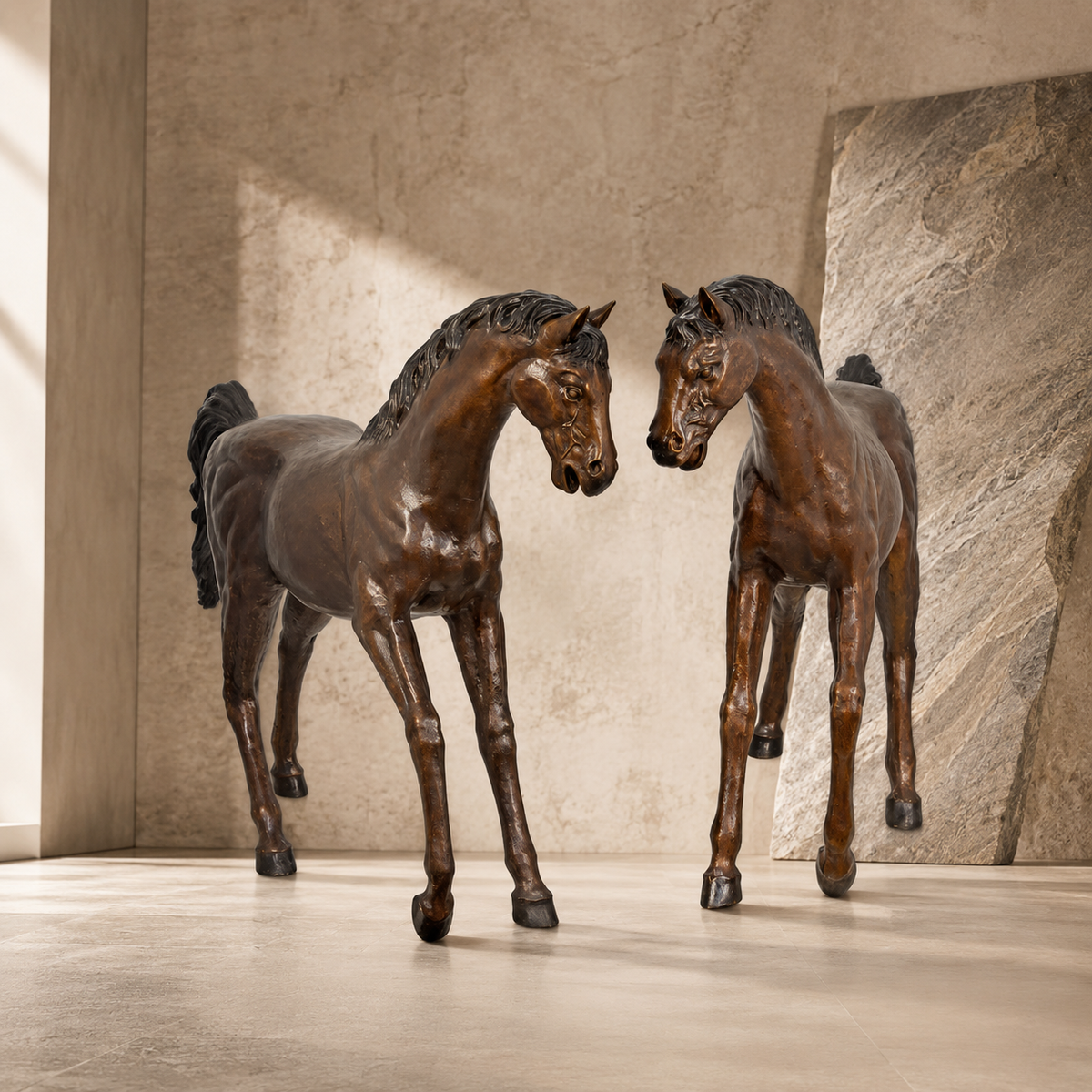 Paire de sculptures de chevaux en bronze patiné brun