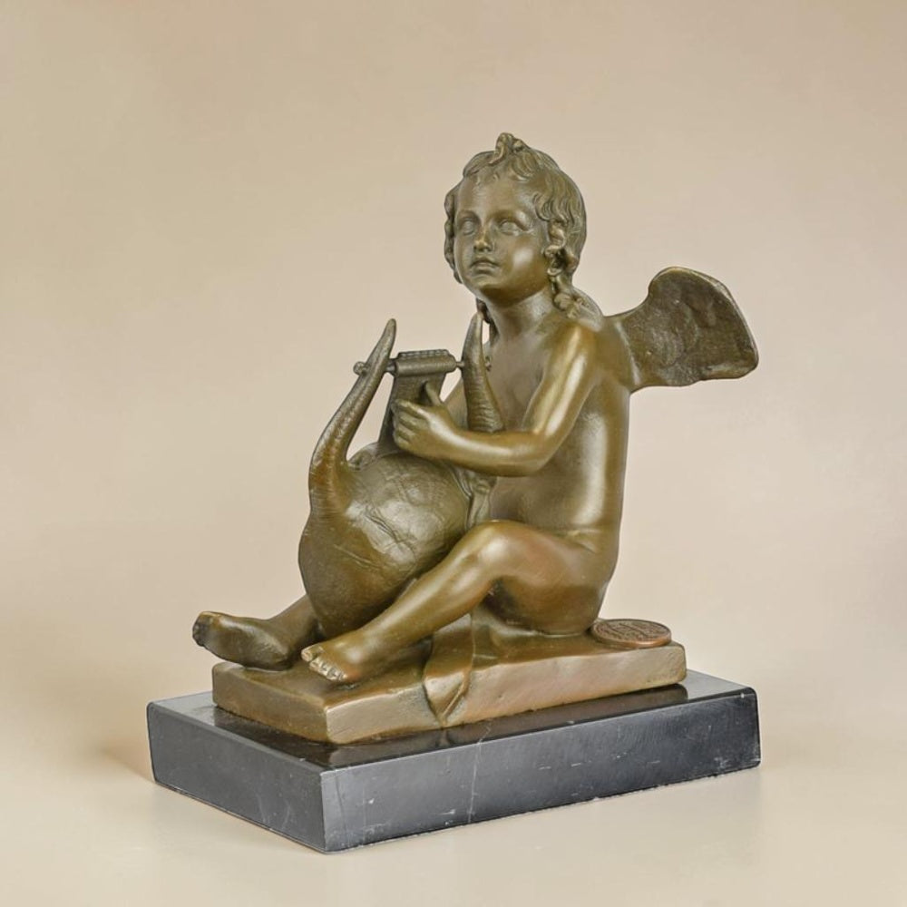 Putto ailé à la lyre, sculpture en bronze patiné, vue 4