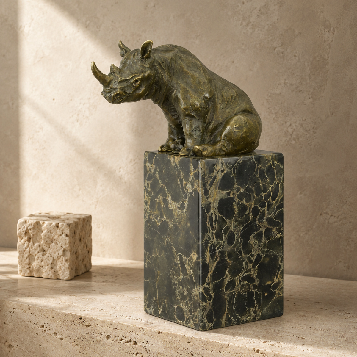 Rhinocéros assis en bronze patiné sur socle en marbre