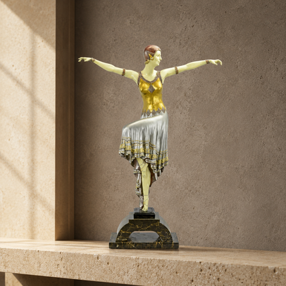 Sculpture Art Déco danseuse bras ouverts bronze polychrome