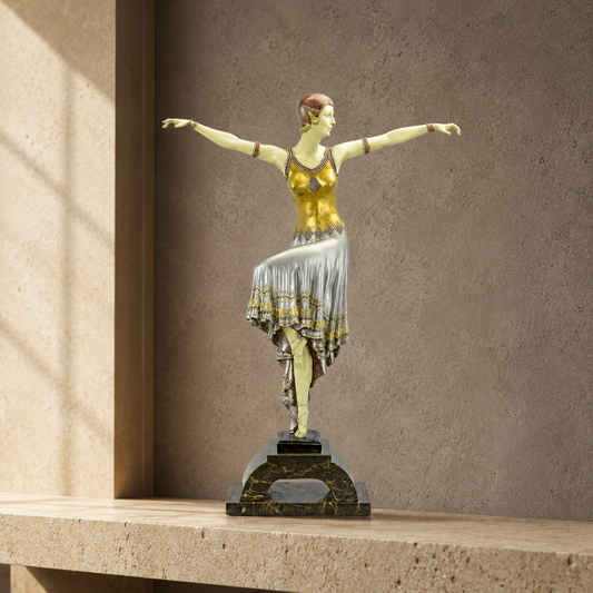 Sculpture Art Déco danseuse bras ouverts bronze polychrome