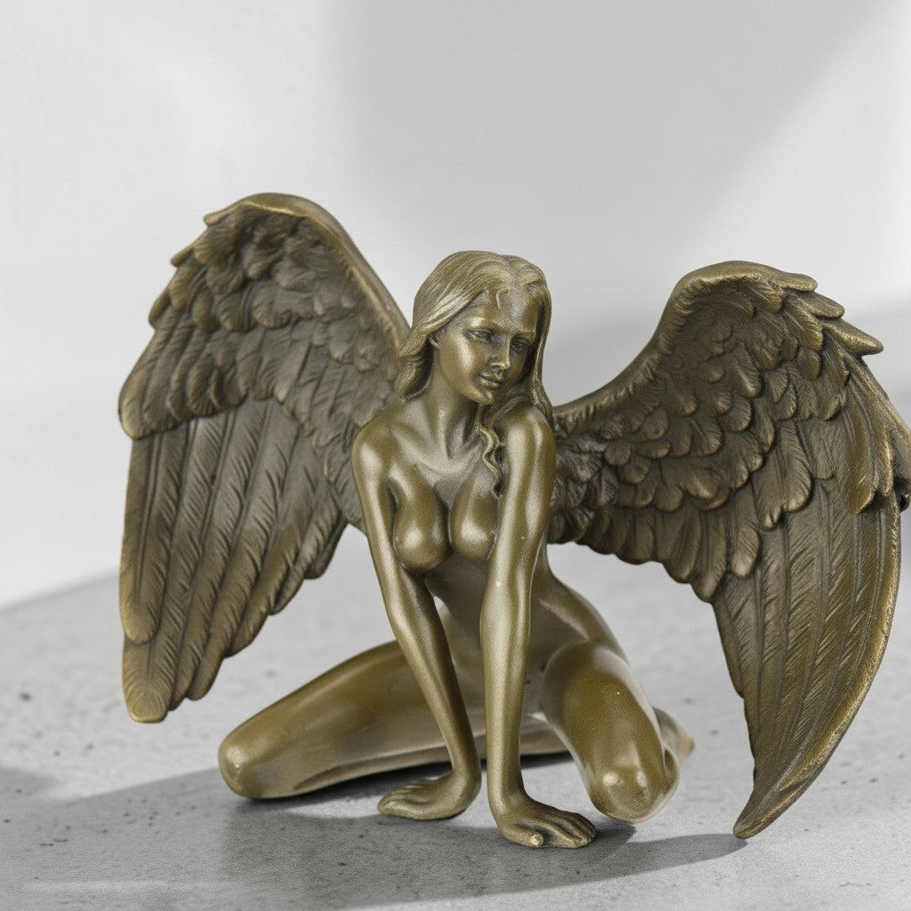 Sculpture bronze ange féminin agenouillé aux ailes déployées, vue 4
