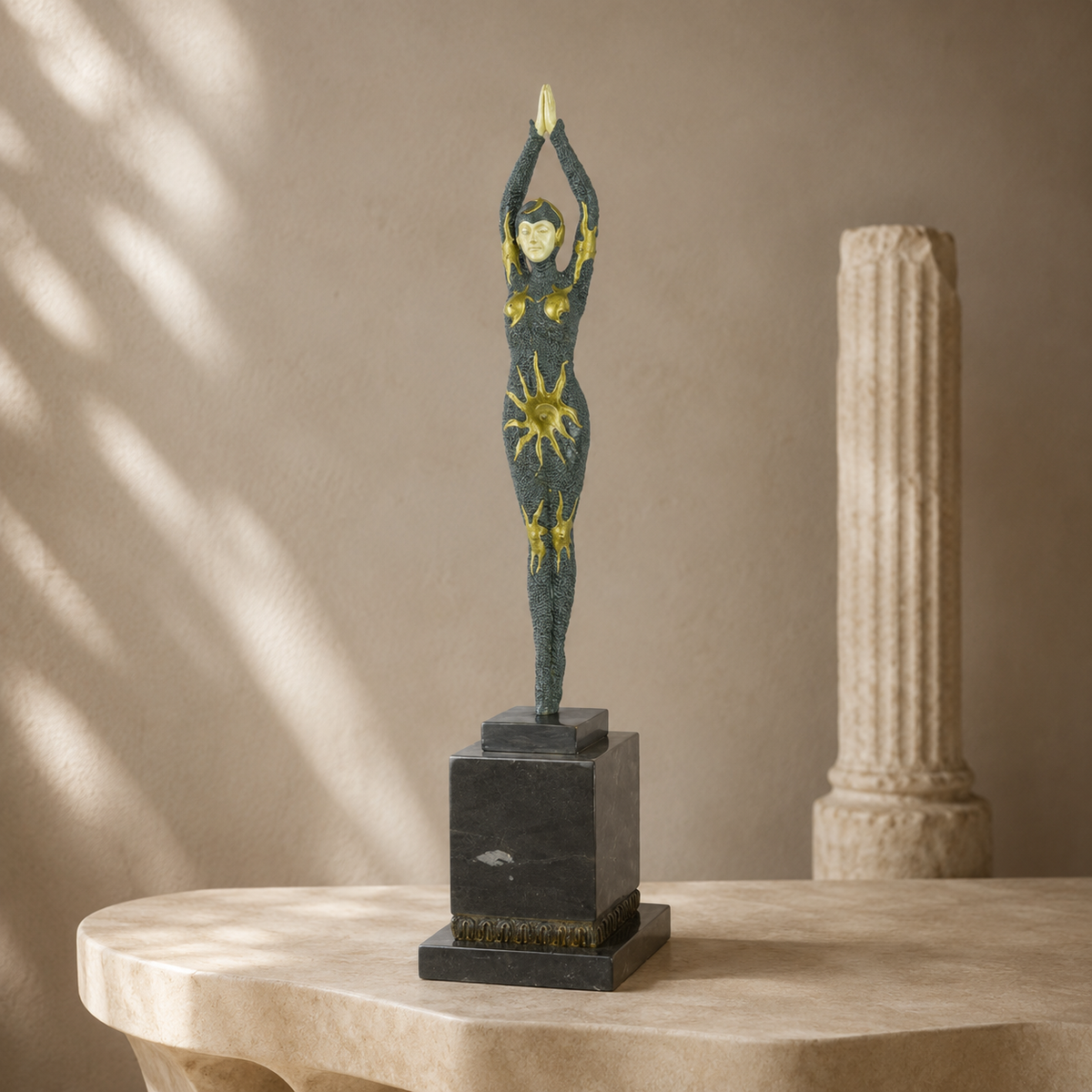Sculpture bronze Art Déco danseuse aux soleils sur marbre