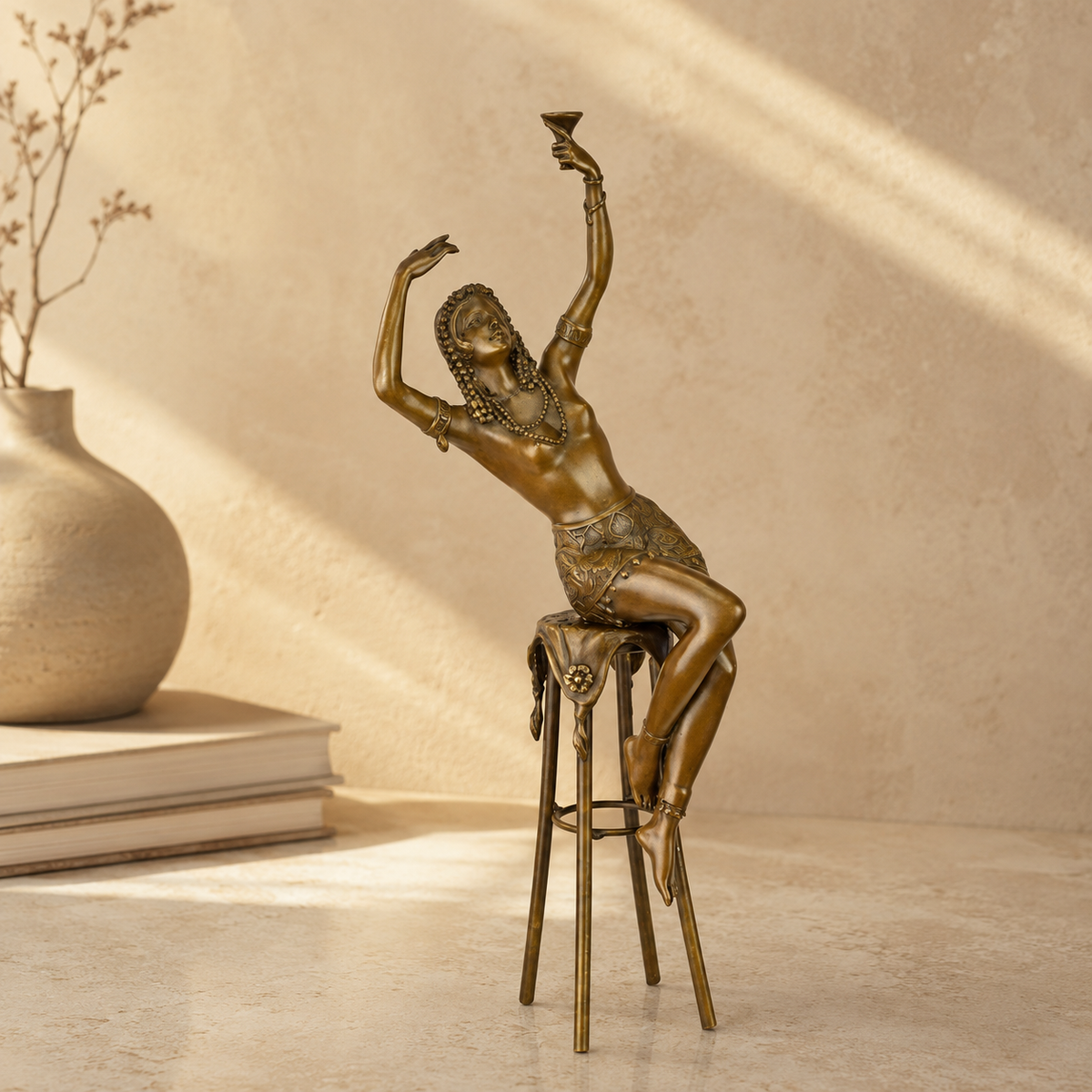Sculpture bronze Art Déco femme au tabouret levant sa coupe