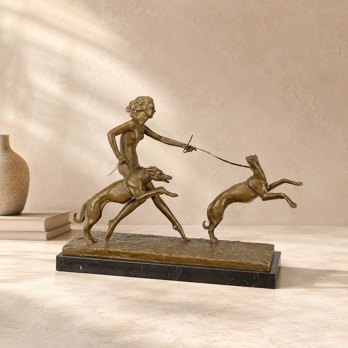 Sculpture bronze Art Déco femme aux deux lévriers