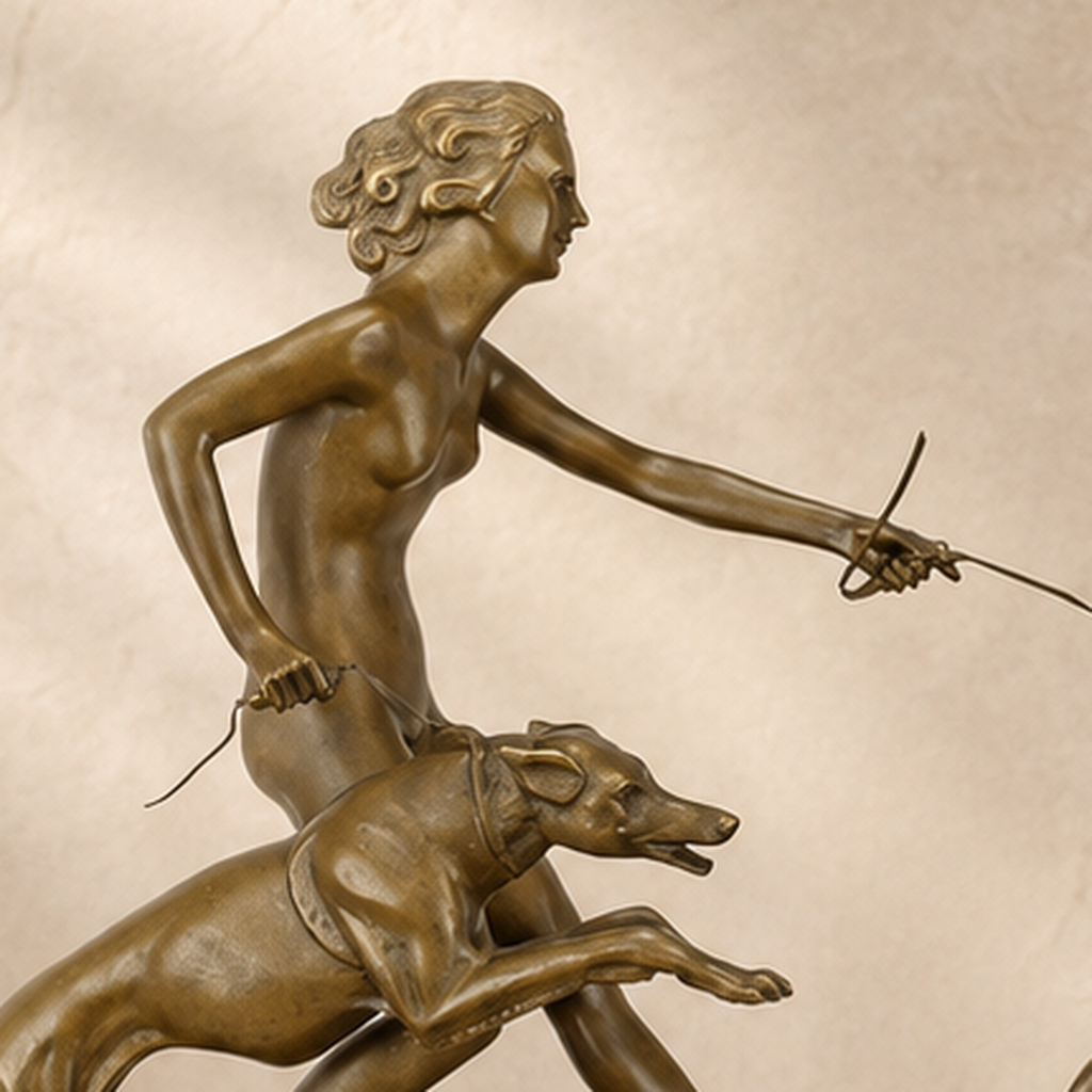 Sculpture bronze Art Déco femme aux deux lévriers, vue 3