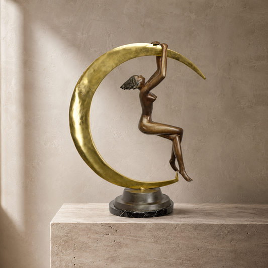 Sculpture bronze Art Déco femme nue sur croissant de lune