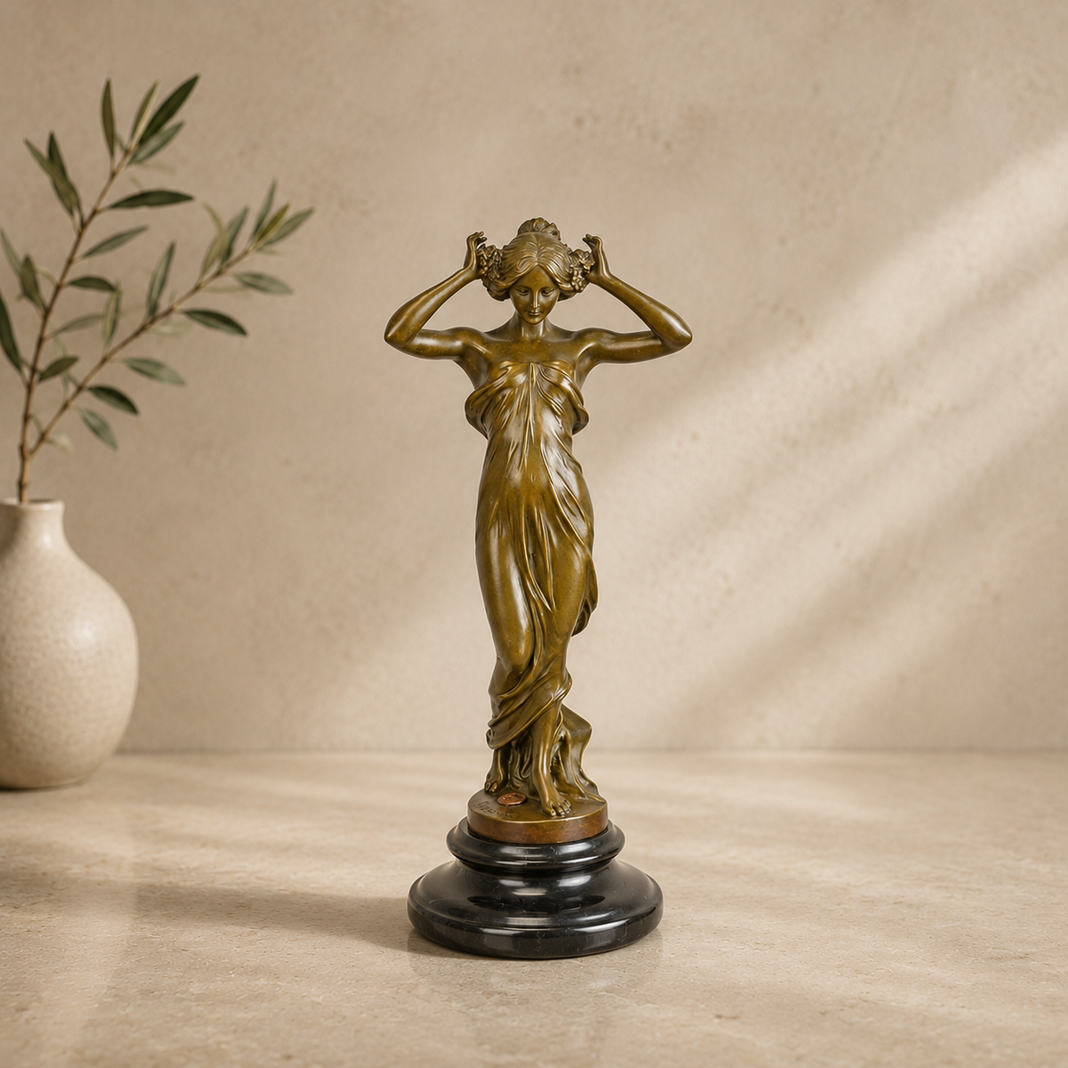 Sculpture bronze Art Nouveau femme drapée à la couronne
