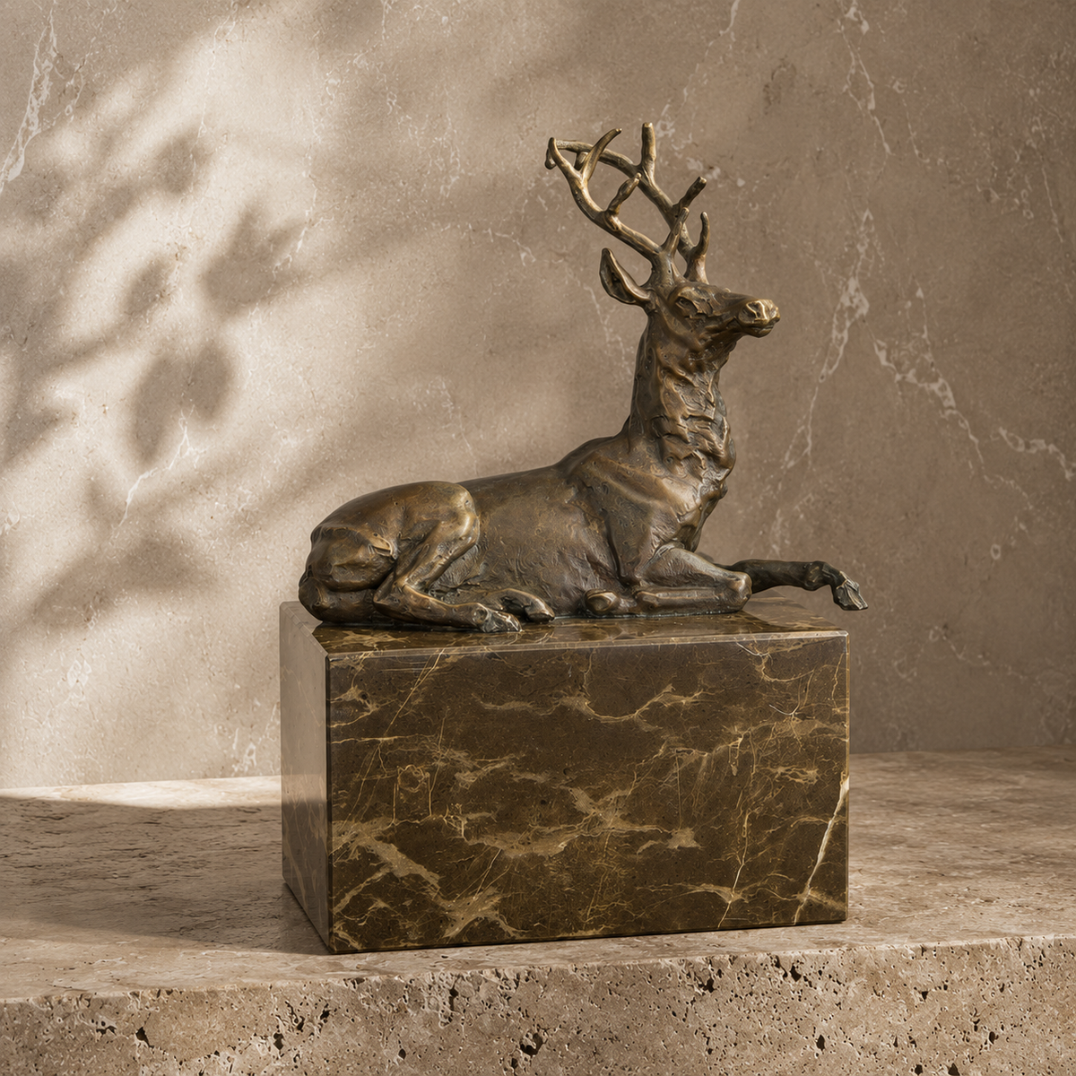Sculpture bronze cerf couché sur socle marbre veiné