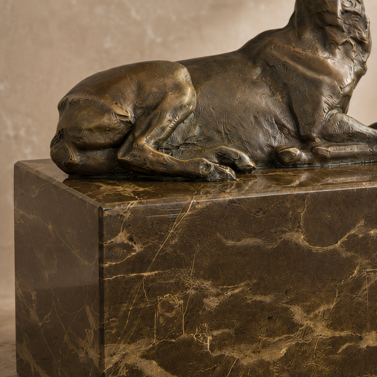 Sculpture bronze cerf couché sur socle marbre veiné, vue 6