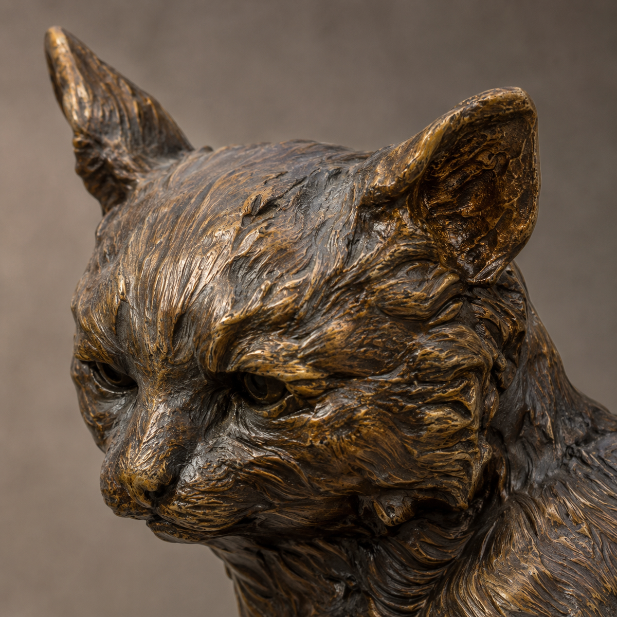 Sculpture bronze chat guettant un rat sur branche d'arbre, vue 2