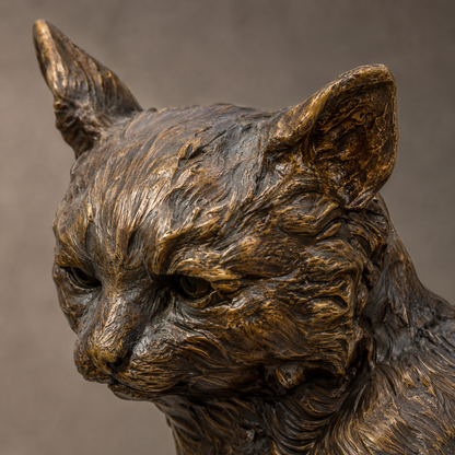 Sculpture bronze chat guettant un rat sur branche d'arbre, vue 2