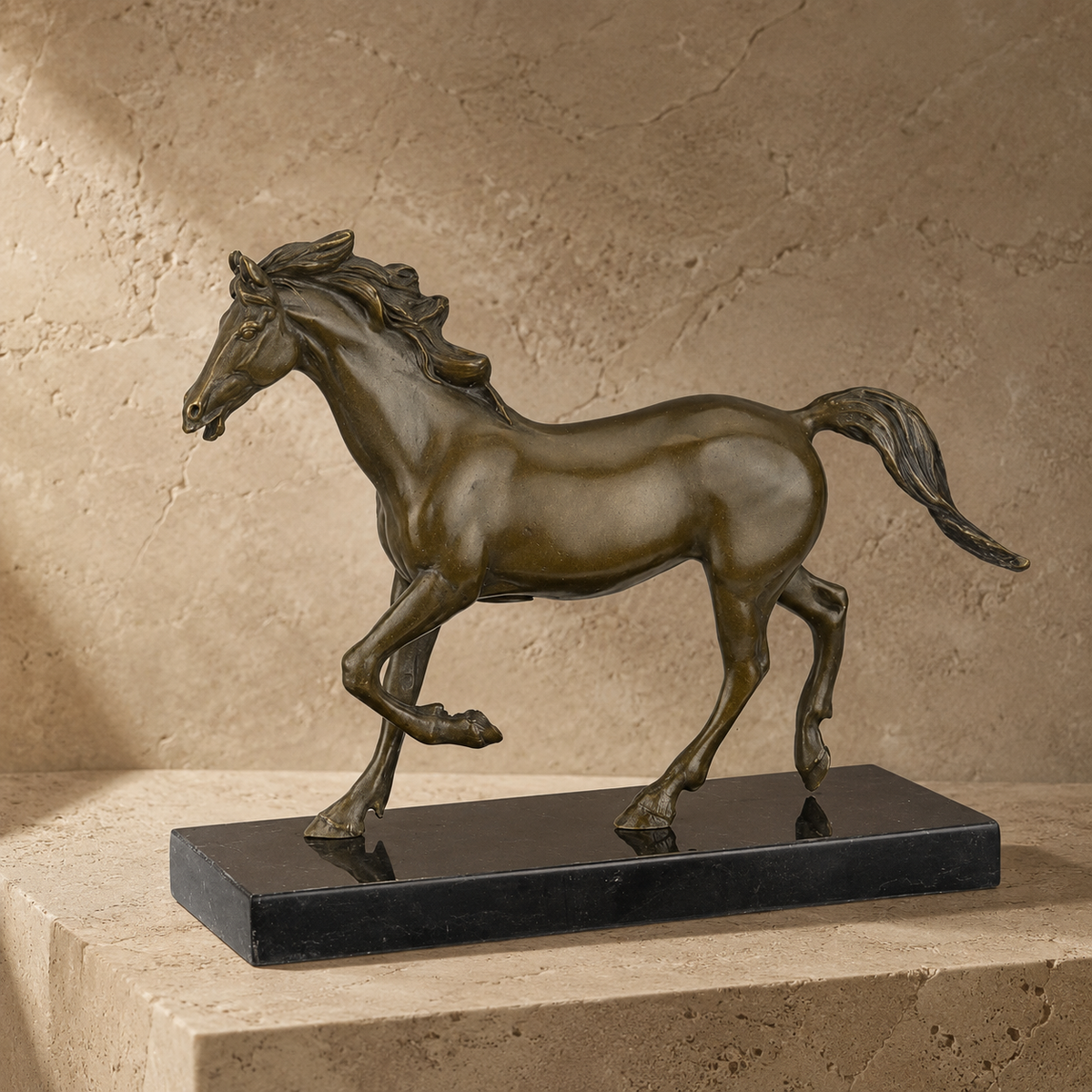 Sculpture bronze cheval au trot sur socle marbre noir