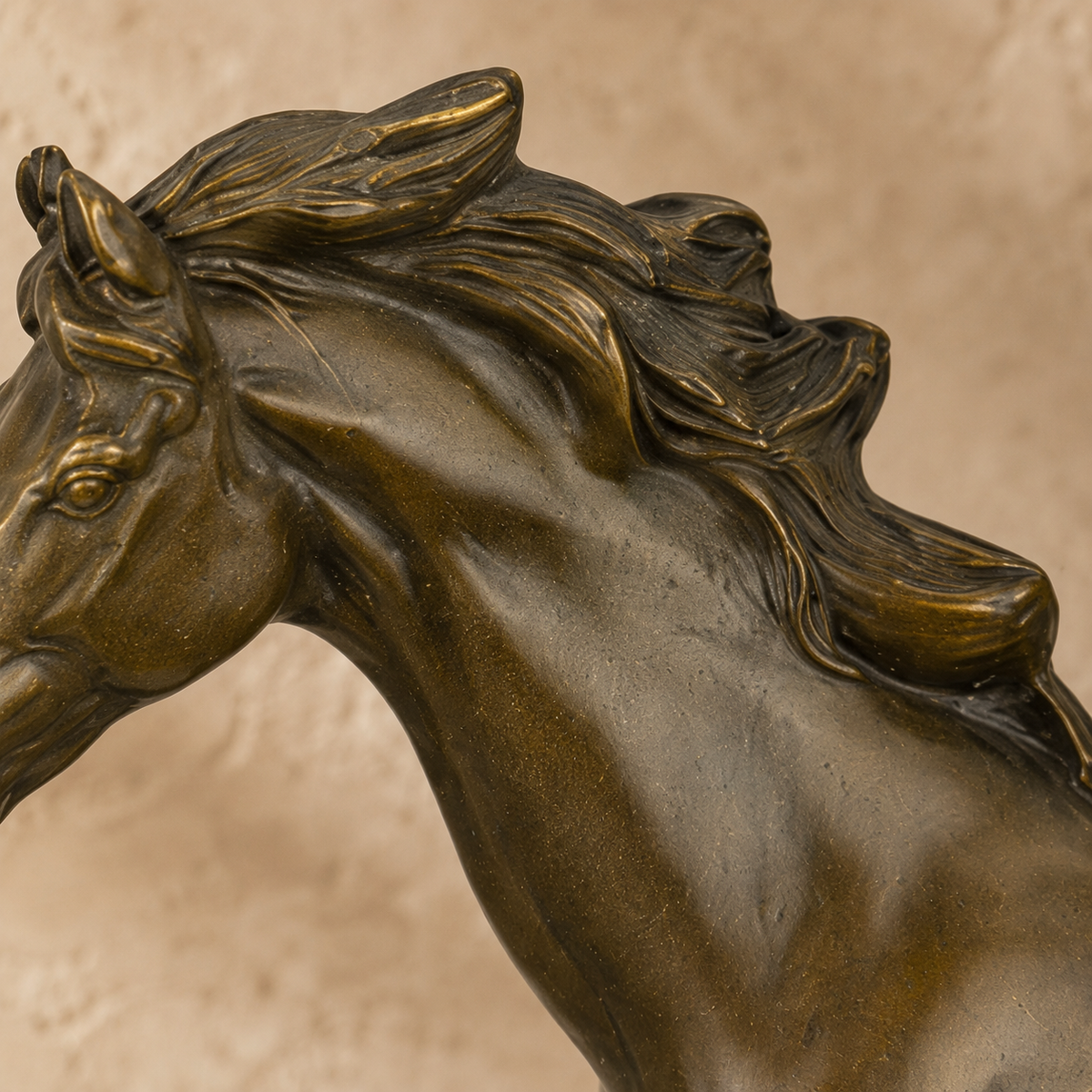 Sculpture bronze cheval au trot sur socle marbre noir, vue 3